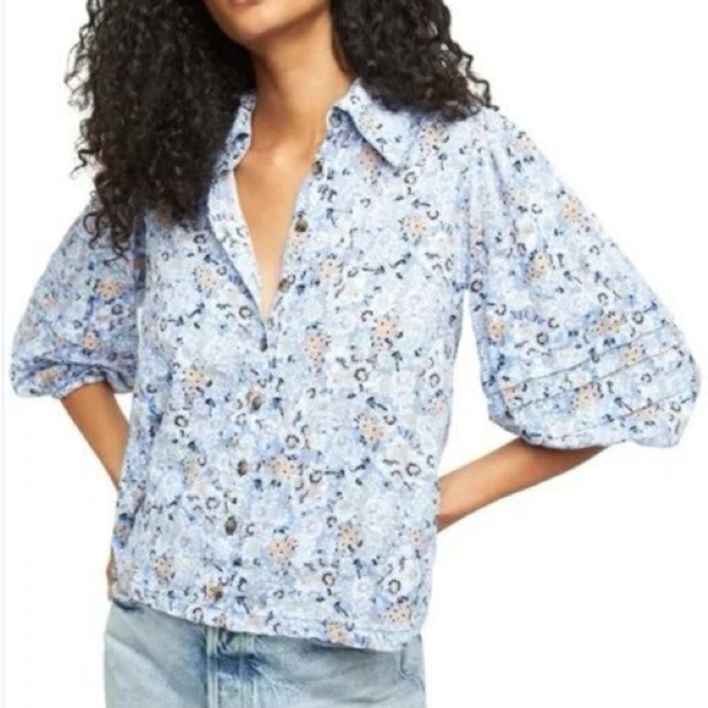 Free People Happy Days Floral Blouse in Blue XS